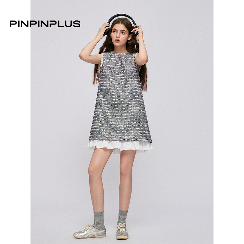 PINPINPLUS丨「赴约凡尔赛」小香风拼接风琴褶无袖背心裙8C70511KP