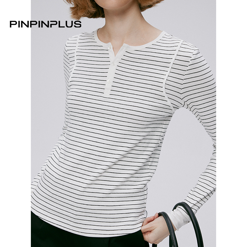 PINPINPLUS丨「线条诗」美式复古撞色亨利领针织长袖T恤 8C70081AYP