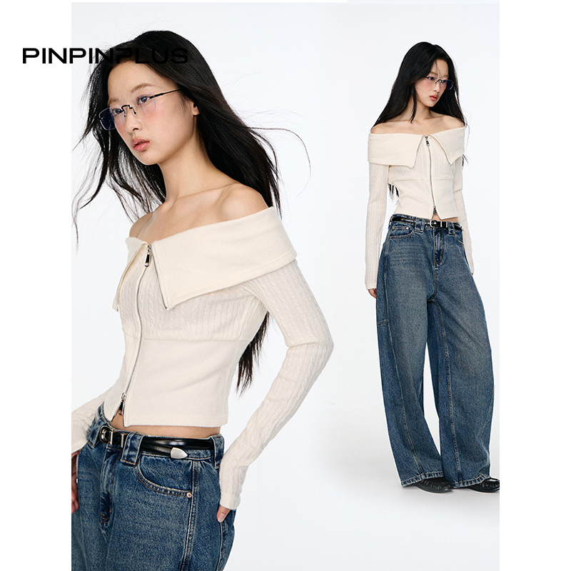 PINPINPLUS丨「天生镜头感」一字领露肩双拉链针织上衣3C61061AYP