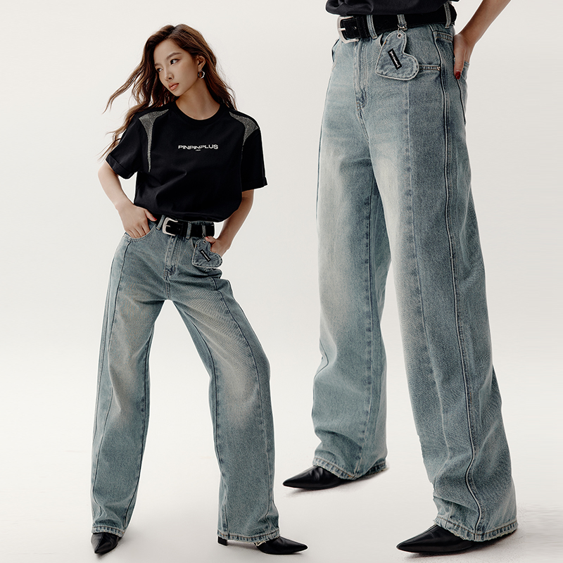 「PINPINPLUS」「PP+」宽松阔腿爱心拼贴作旧牛仔裤 3A33021KP