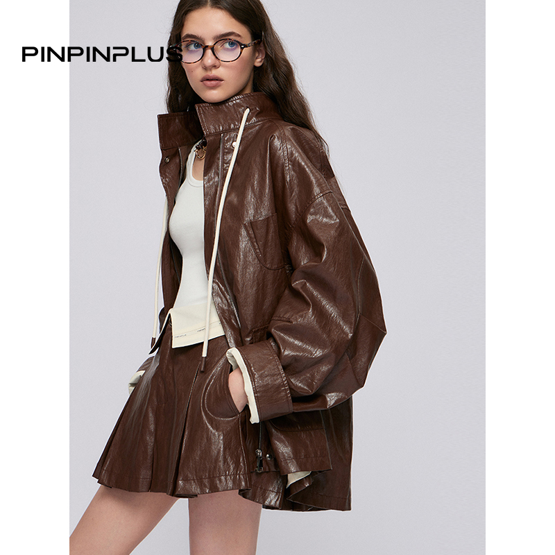 PINPINPLUS丨「玫瑰日记」撞色腰头翻边箱褶皮质A字短裙8C70221KP