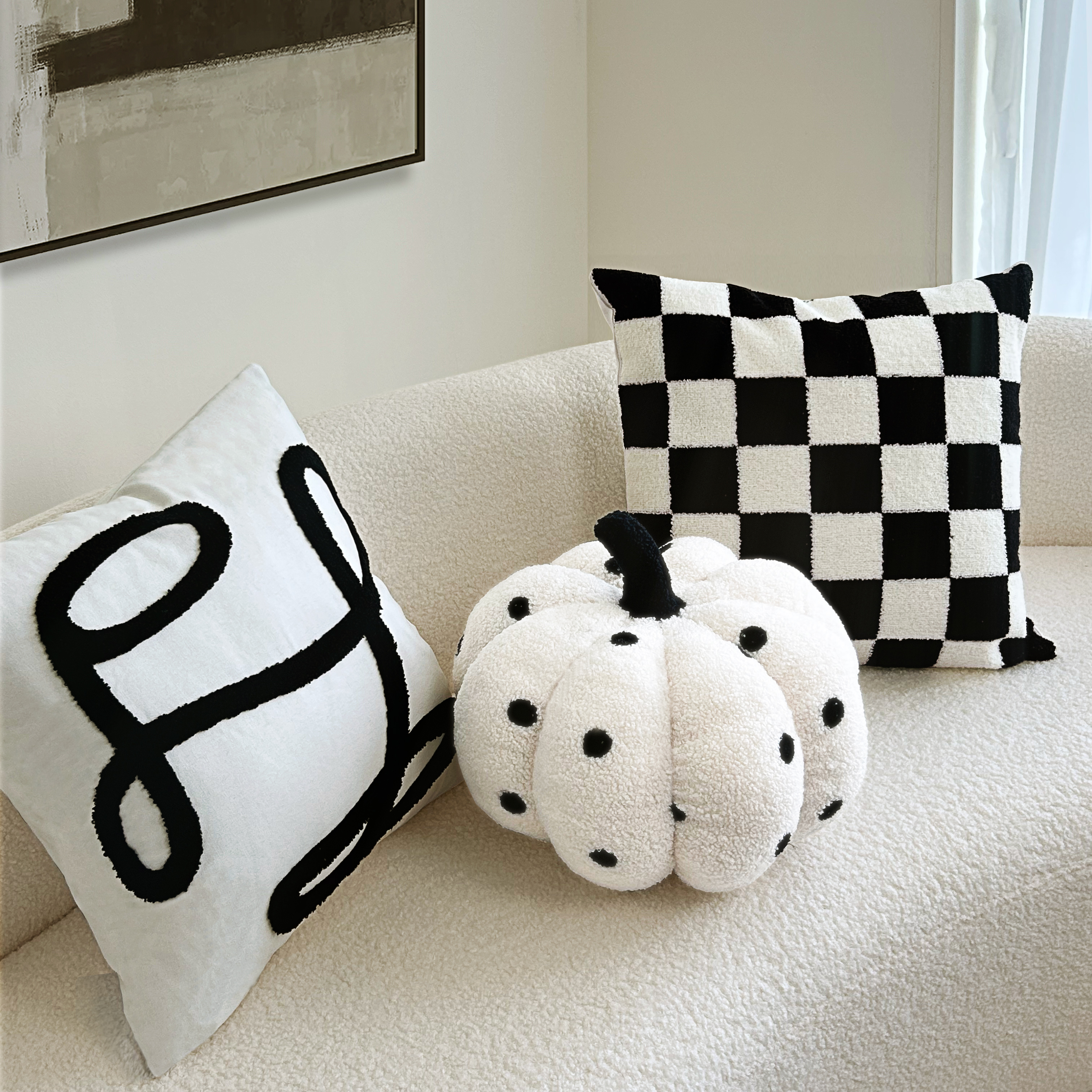 ins黑白棋盘格波点南瓜沙发靠背垫民宿卧室飘窗简约轻奢抱枕腰枕