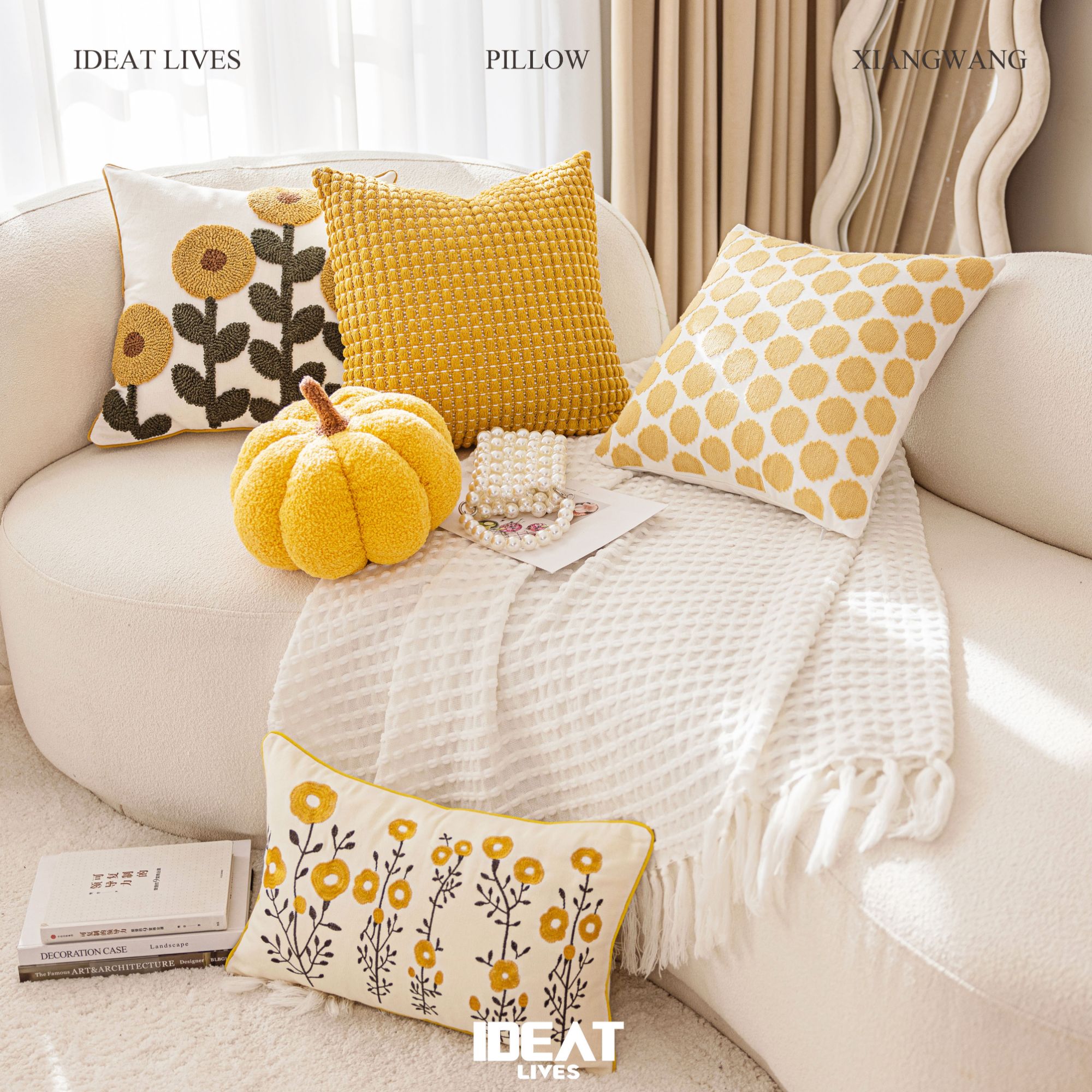 奶油色南瓜客厅沙发抱枕套花朵床上飘窗少女靠枕床头靠垫不含芯