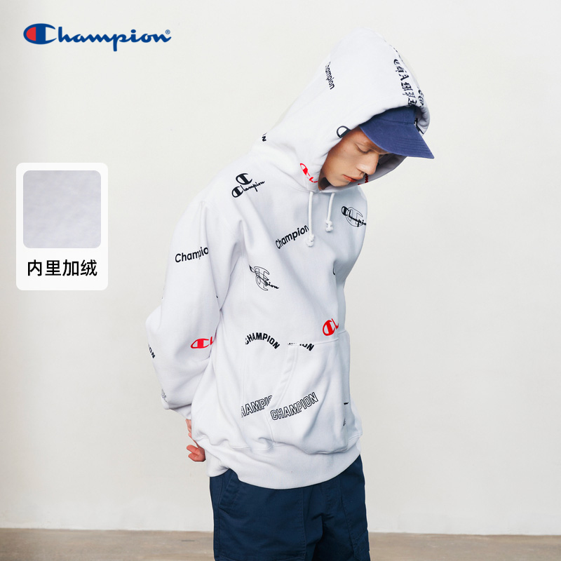 Champion冠军官网长袖加绒卫衣男女秋冬字母满印连帽外套UM-VSW09