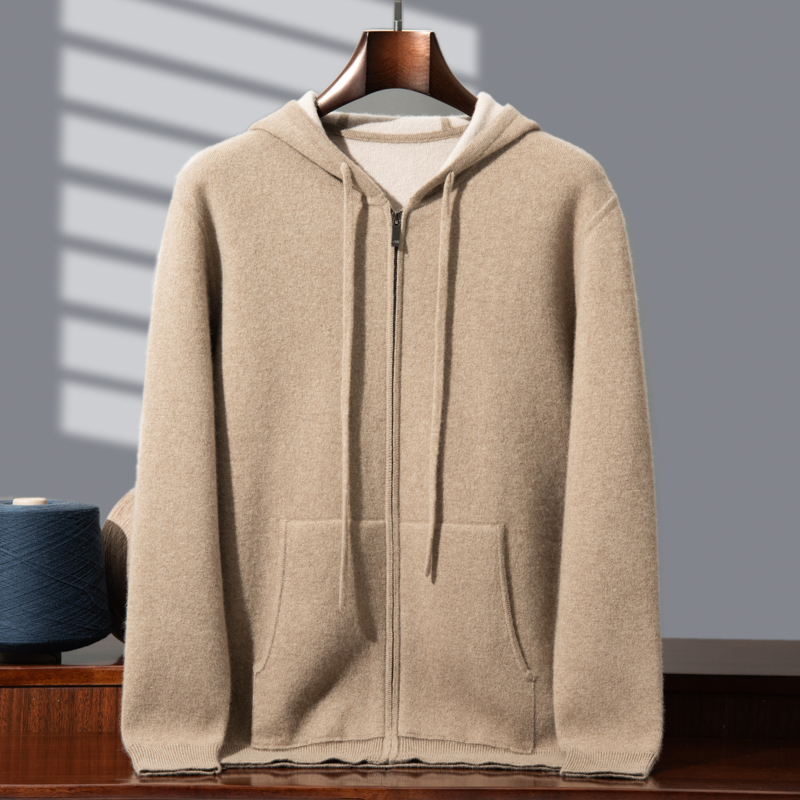 男士连帽100%纯山羊绒开衫空气层加厚套头毛衣针织打底衫外套