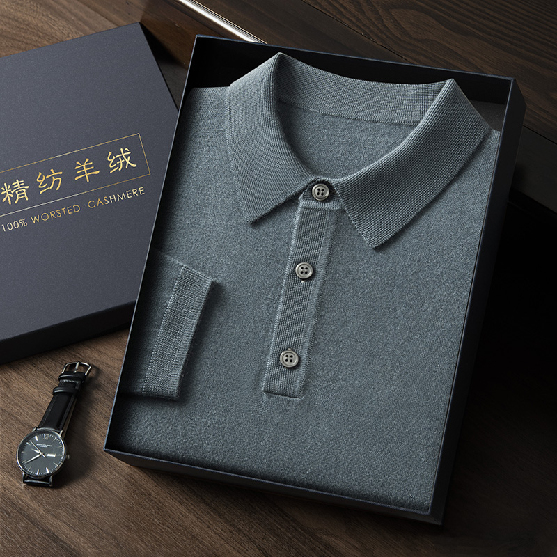 M-802 80支精纺男士POLO衬衫领100%纯山羊绒衫长袖T恤针织打底衫