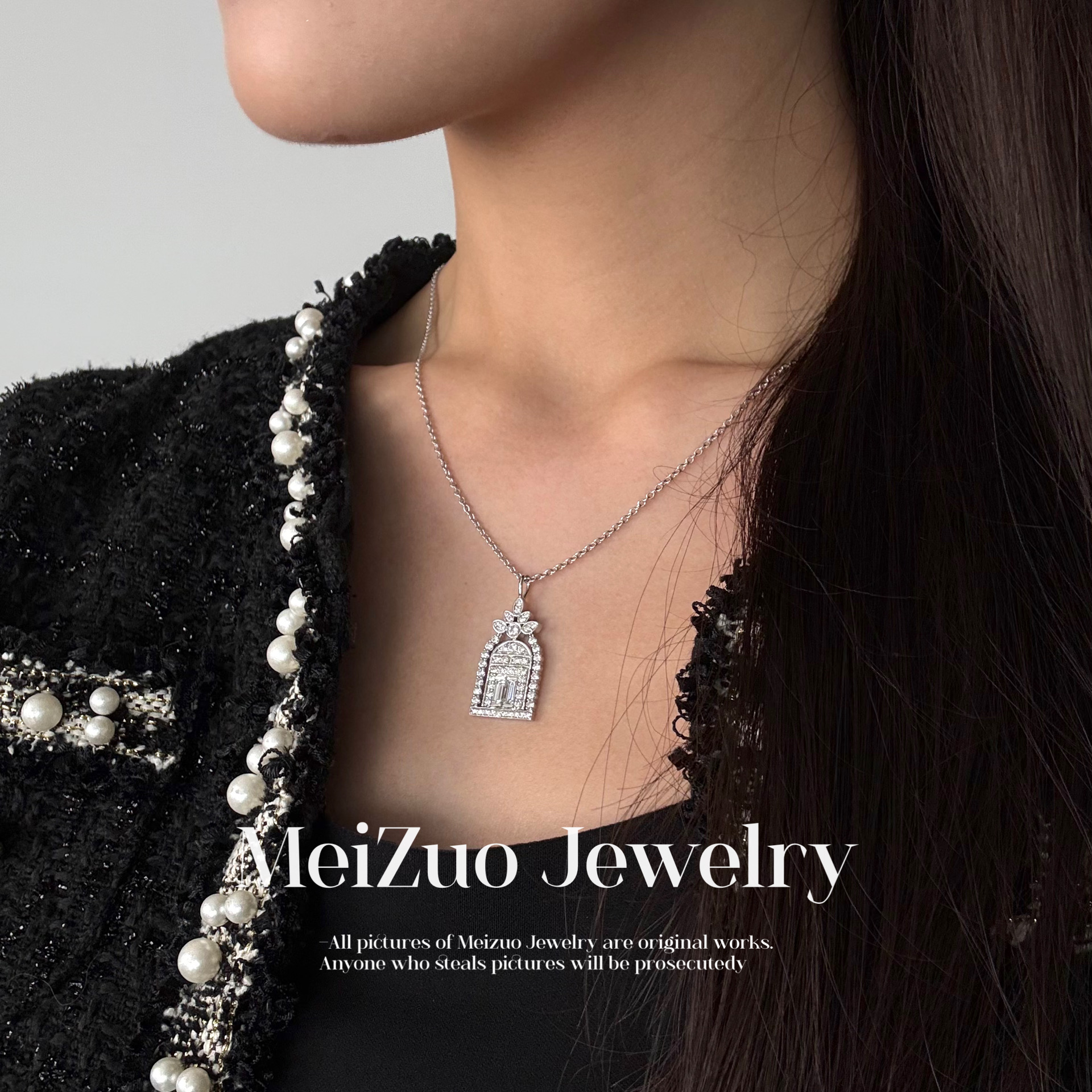 美作珠宝·18k白金天然钻石项链【幸福之门】满钻气质轻奢时尚经典