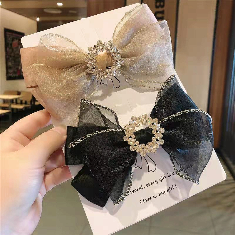 气质弹簧夹镶钻蕾纱蝴蝶结女生简约发卡2024新款亮丝双层新娘头饰