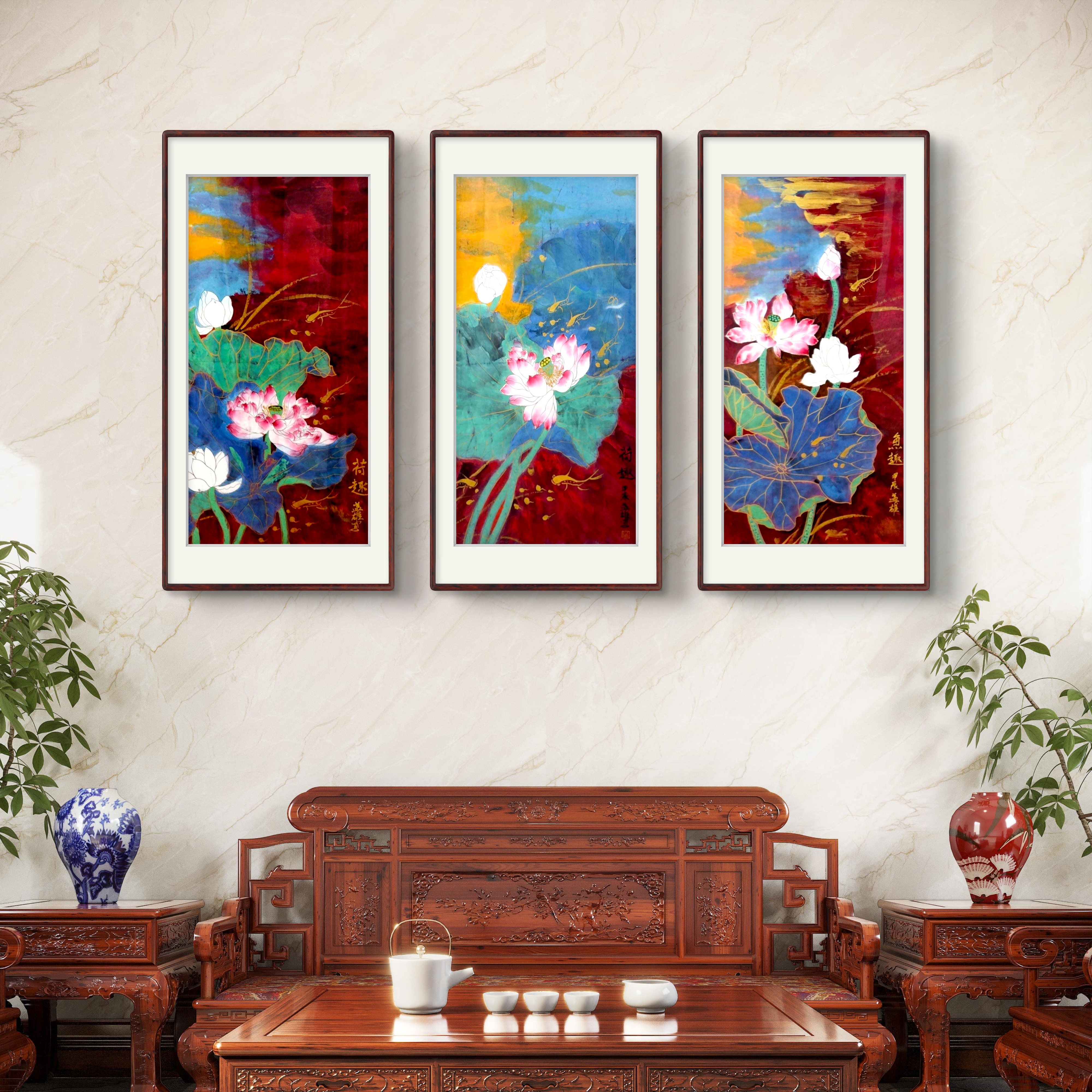 段益雄《荷趣》客厅书房茶室办公室沙发背景挂画带框尺寸92*57