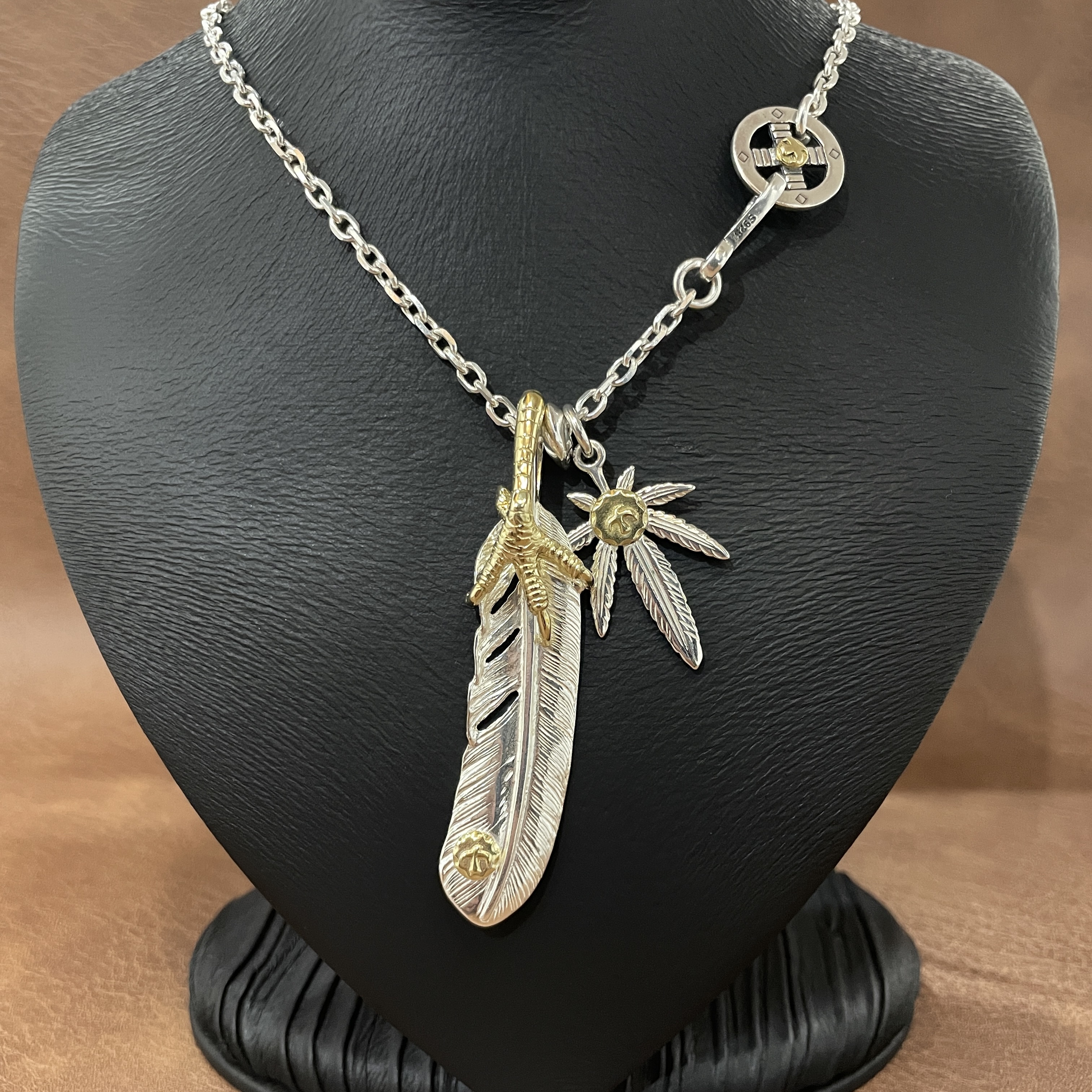 坠链均925银 时尚高桥羽毛金色手工上金爪枫叶个性潮人高品质项链