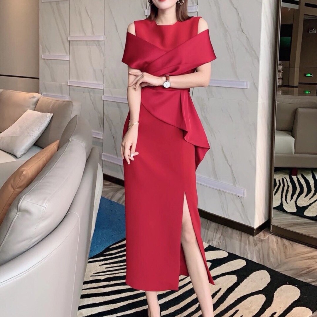 ZEROYK高端名媛气质礼服裙露肩开叉高腰显瘦一步裙设计感连衣裙女