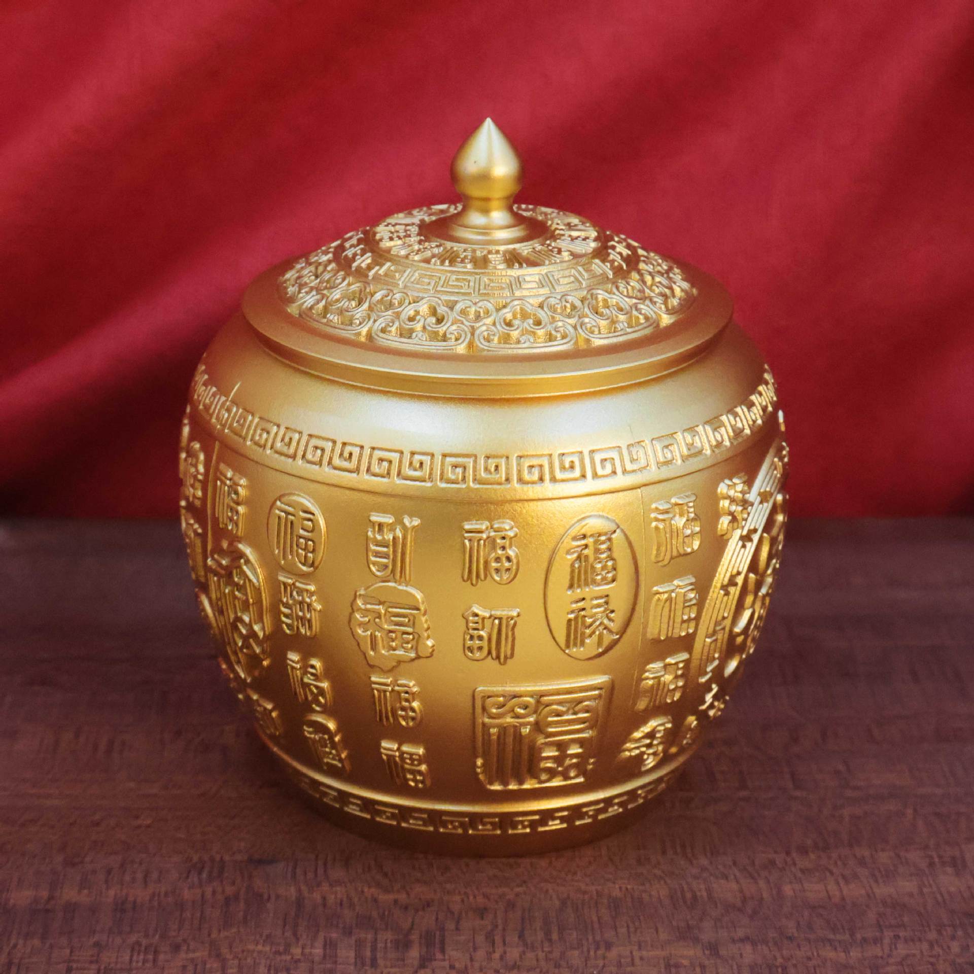 黄铜国潮风茶叶罐铜米缸聚宝盆龙凤图案带盖摆件客厅办公室装饰