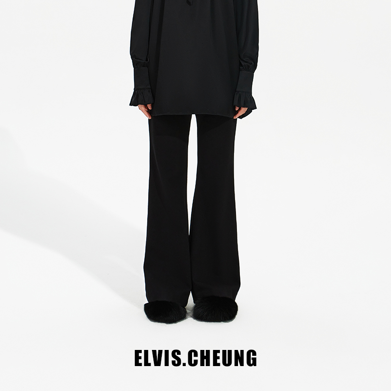 ELVIS.CHEUNG23秋冬黑色弹力斜纹微喇休闲长裤显瘦【自播专享】西装