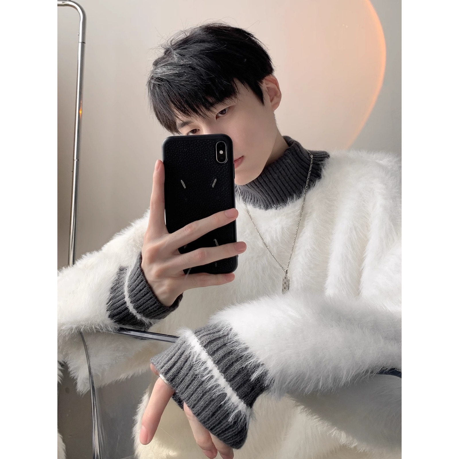 韩系慵懒风软糯毛衣男2023秋冬新款圆领水貂毛宽松百搭保暖针织衫