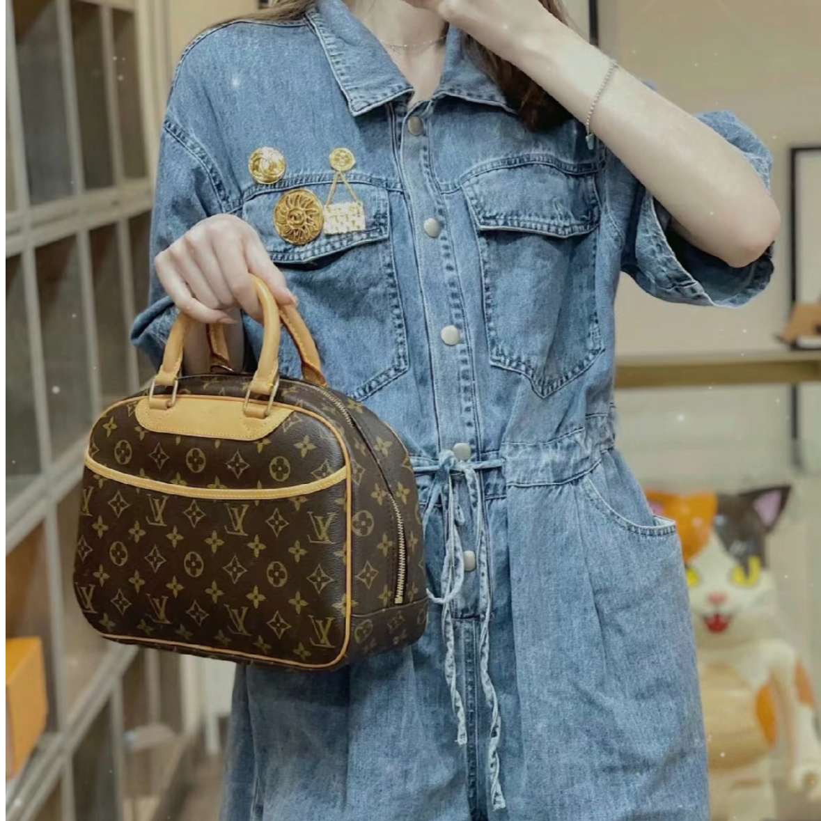 95新 LouisVuitton/路易威登 珍妮小号手提包斜挎包换新植鞣革