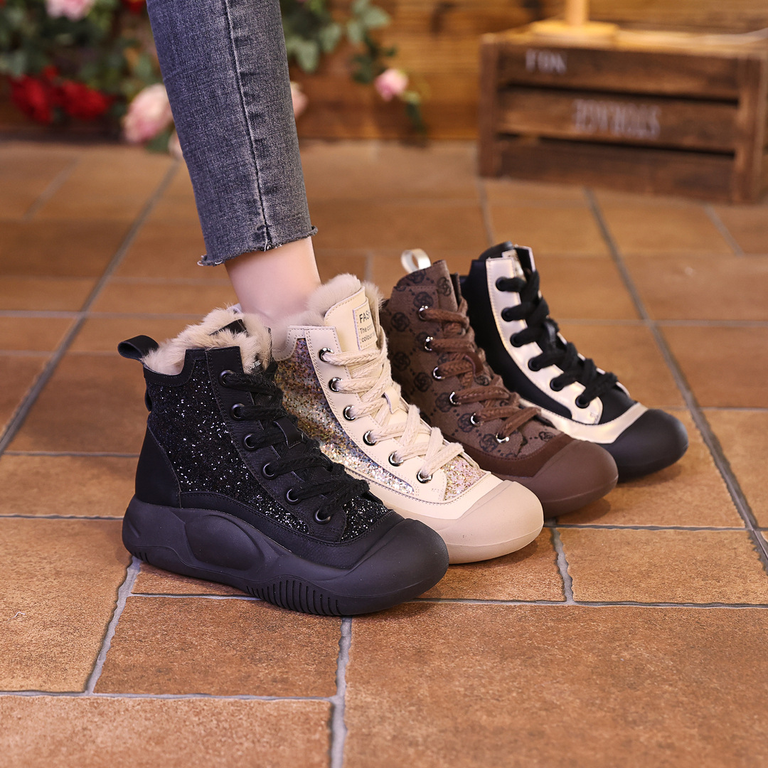 (现货] 增高4cm 2023秋冬新款复古百搭加绒雪地靴软底真皮女鞋Z