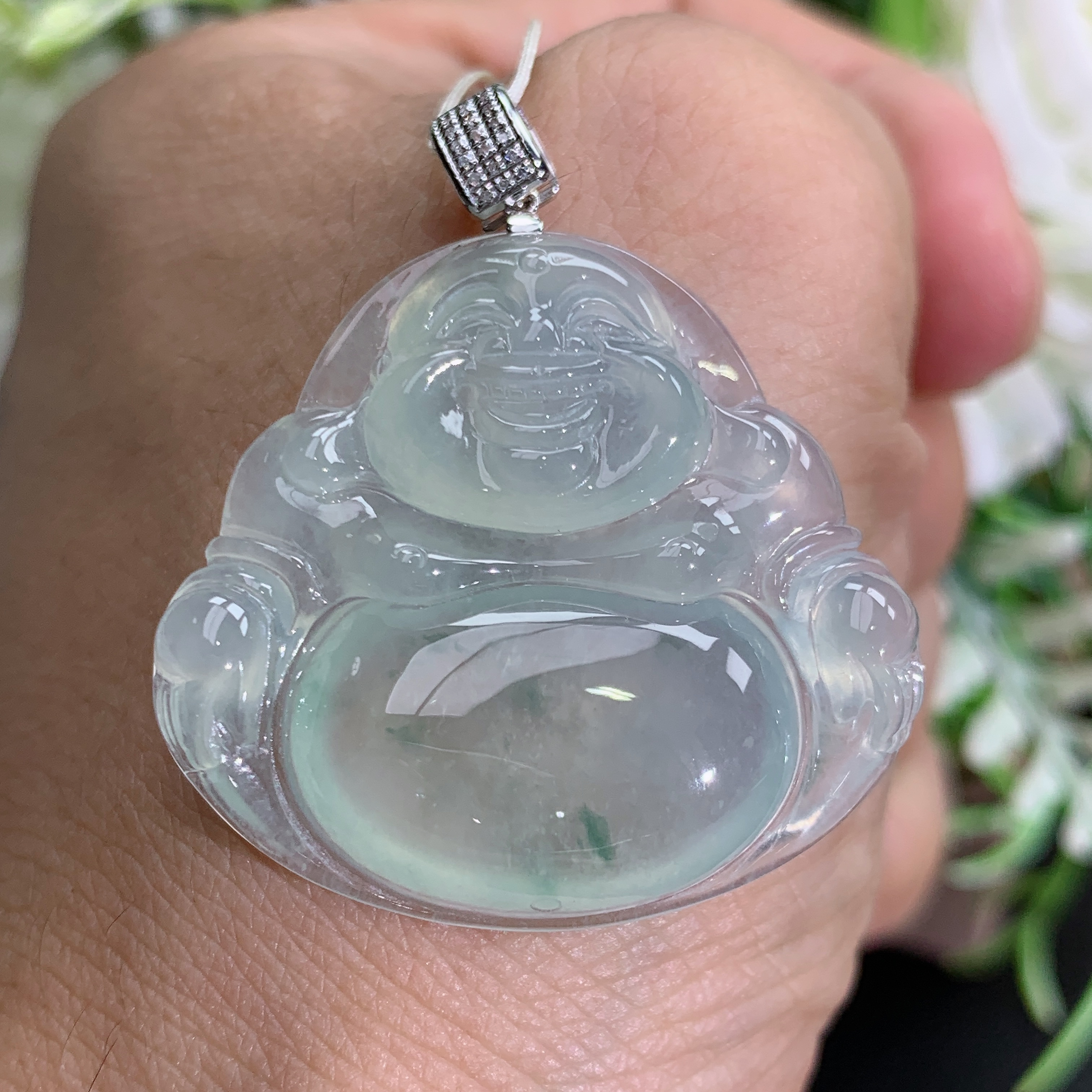 缅甸天然翡翠A货18k金正冰胶晴底飘花佛公吊坠，尺寸30.5×33×6.2