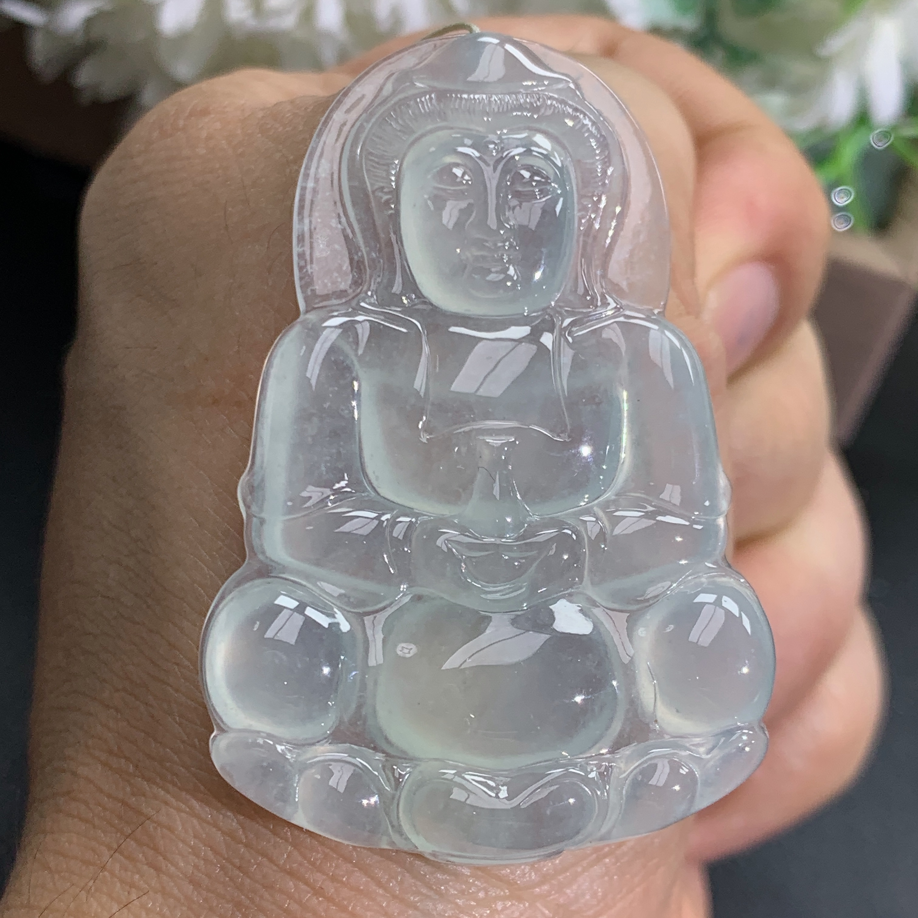 尺寸50.4×34.3×5.6缅甸天然翡翠A货高冰胶纯老种观音吊坠