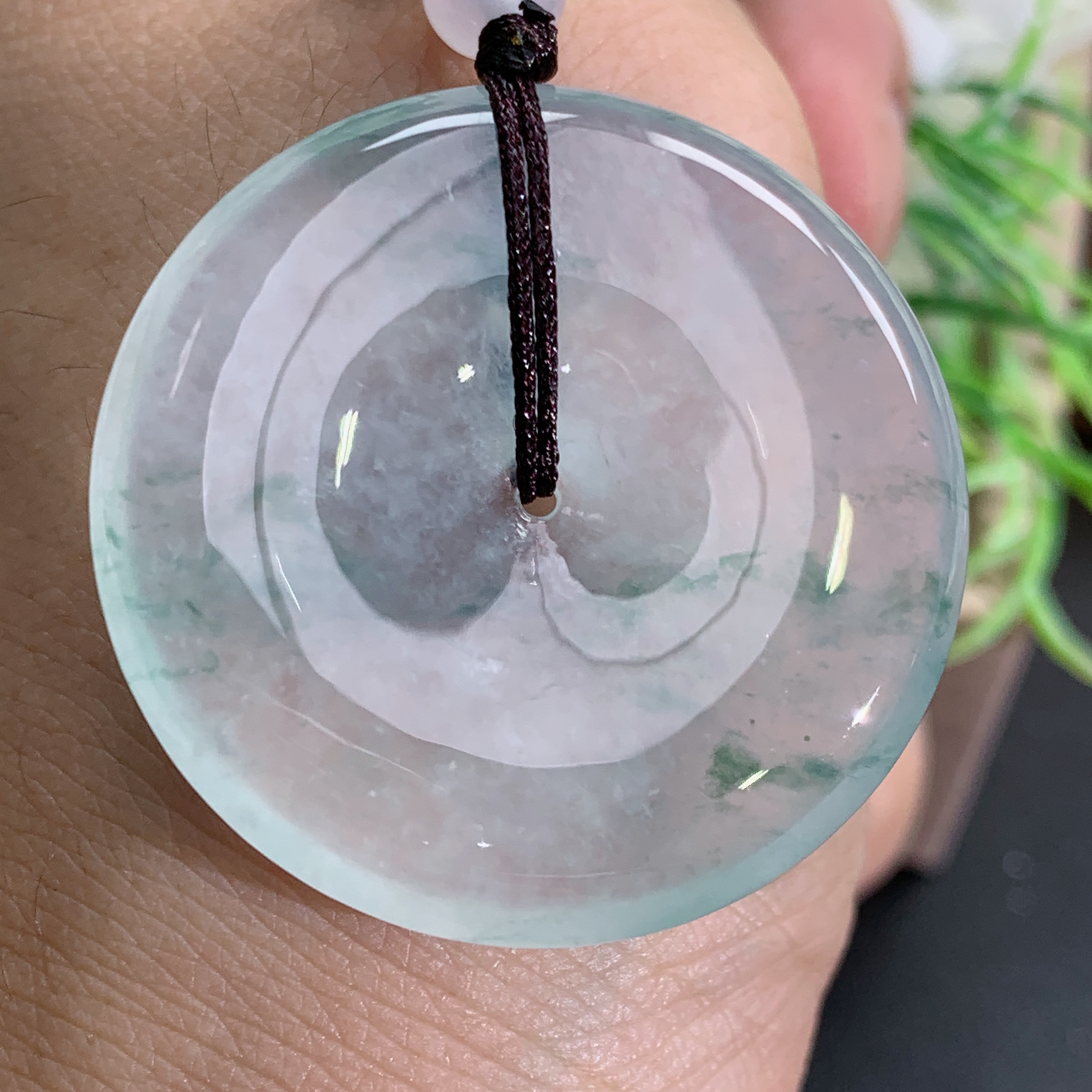 缅甸天然翡翠A货高冰起胶飘花平安扣吊坠，尺寸35.3×6