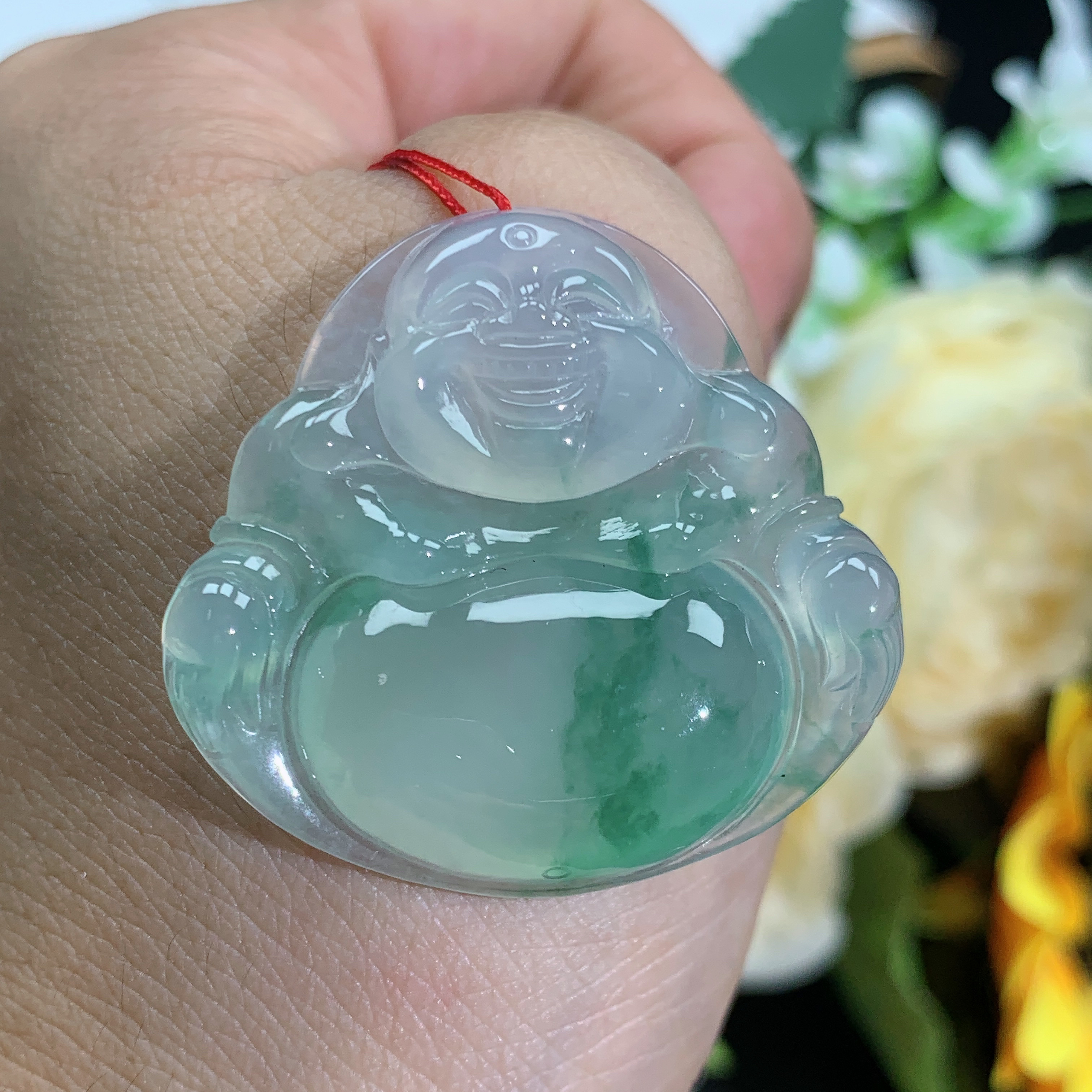 天然翡翠A货玉石冰种起胶飘绿花佛公吊坠，尺寸35.1×37.4×7.2