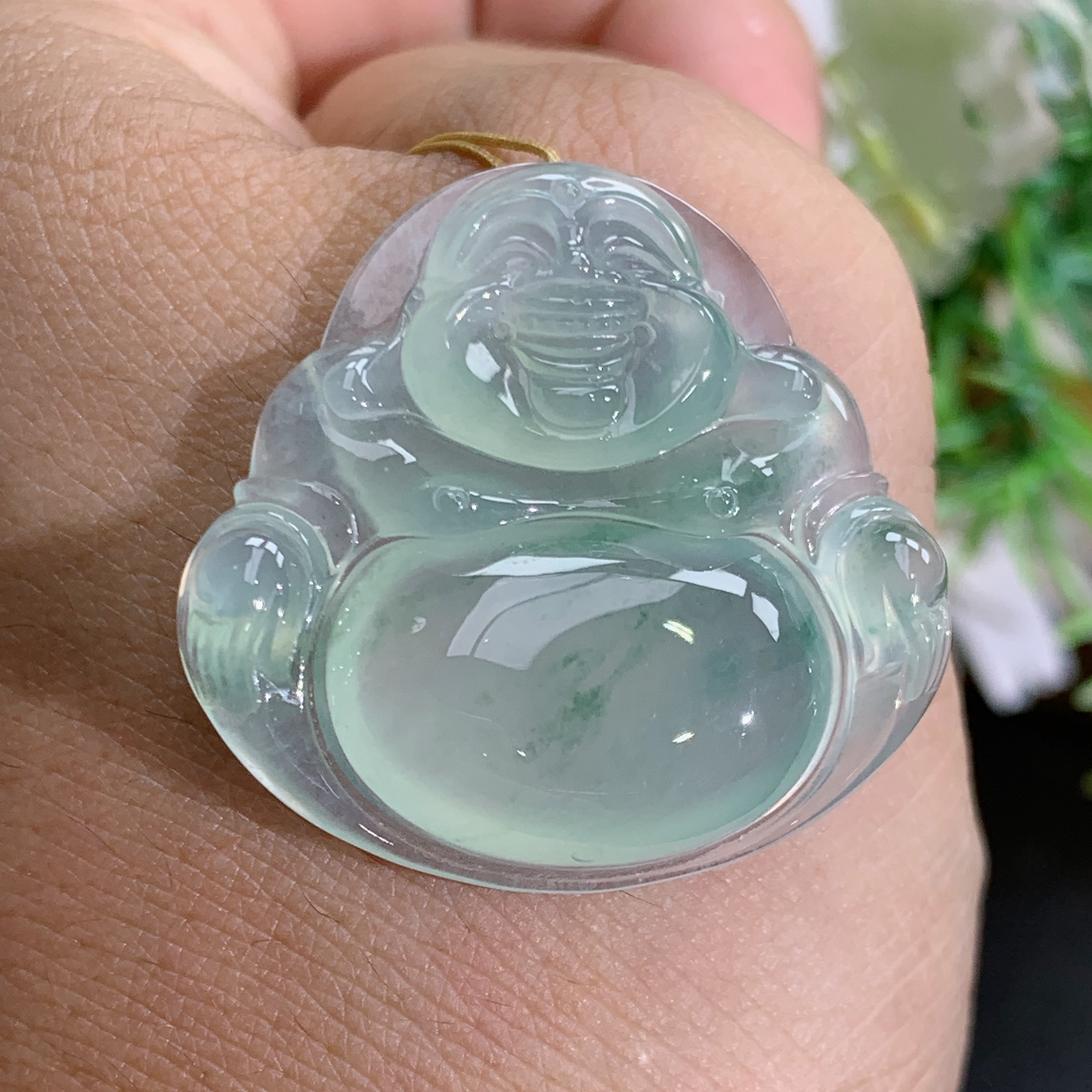 缅甸天然翡翠A货正冰胶晴水飘花佛公吊坠，尺寸29×30.1×6