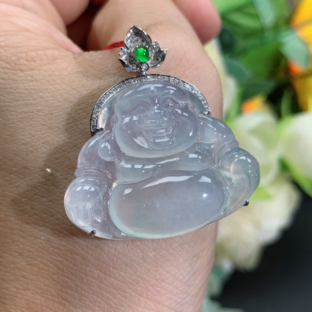 天然翡翠A货玉石18k金冰种起胶佛公吊坠，尺寸36.7×34.7×7