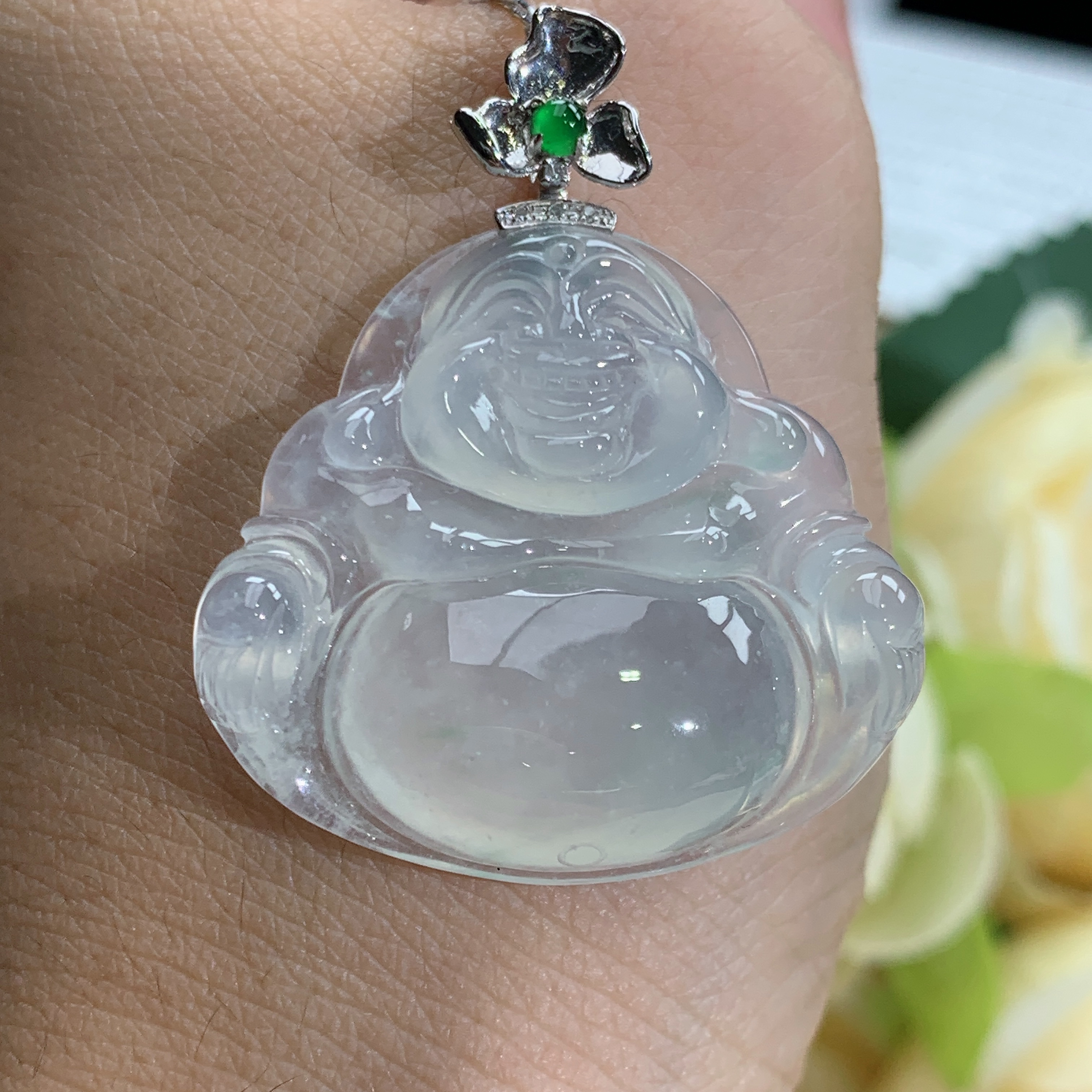 天然翡翠A货玉石18k金冰种起胶佛公吊坠，尺寸28.7×31.2×6.2