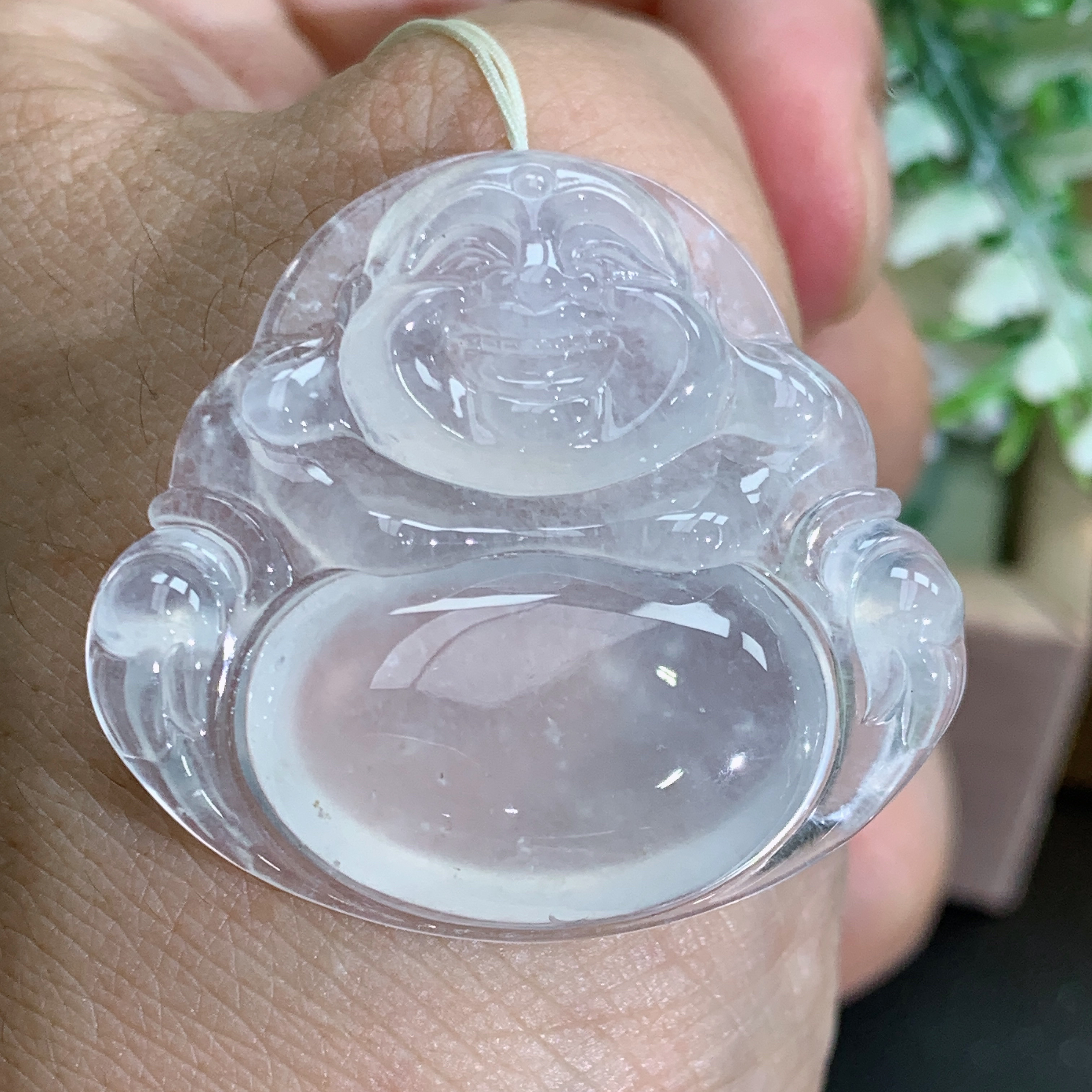 缅甸天然翡翠A货正冰胶白月光佛公吊坠，尺寸31.4×34.4×5.8