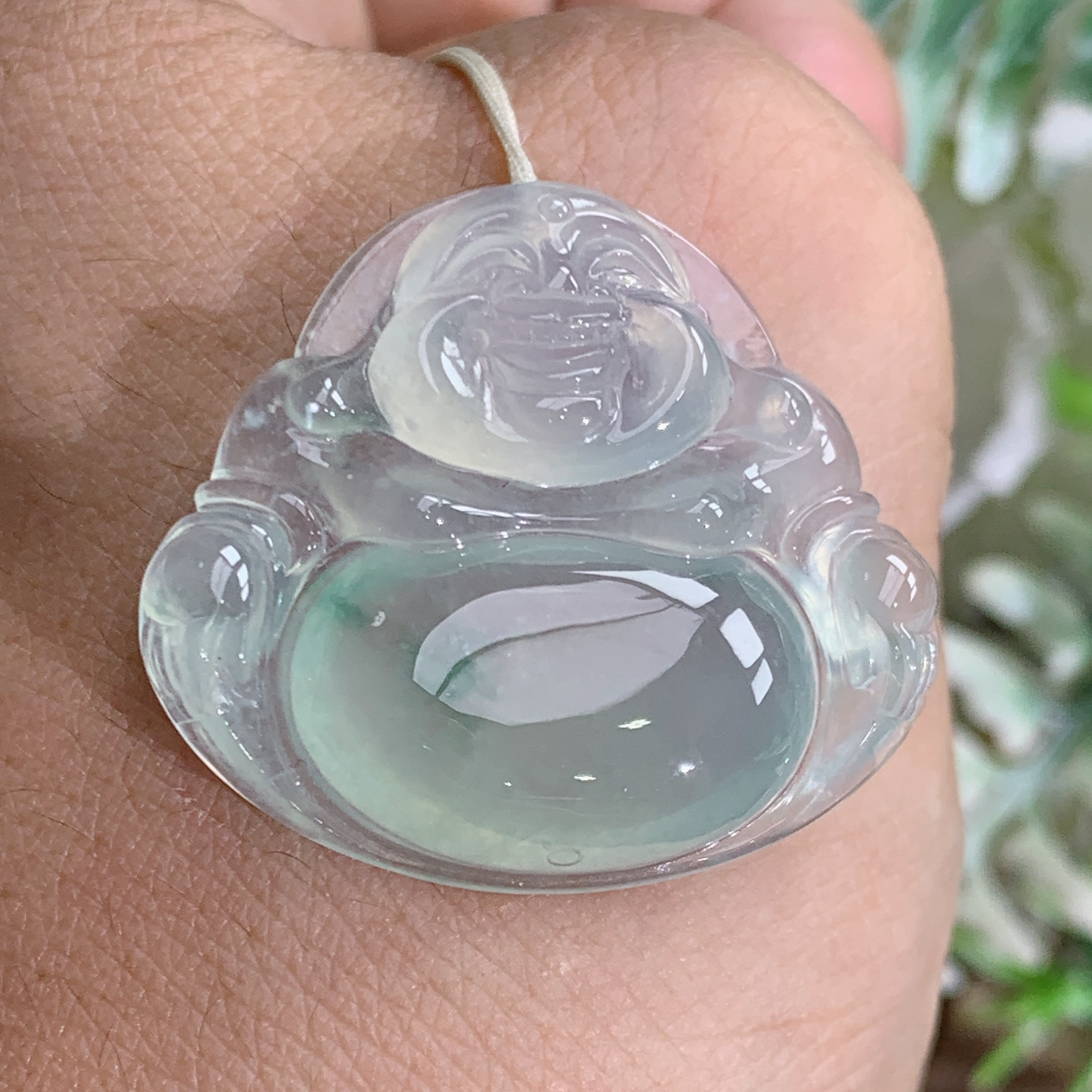 天然翡翠A货玉石高冰起光飘花佛公吊坠，尺寸27.6×30.3×6