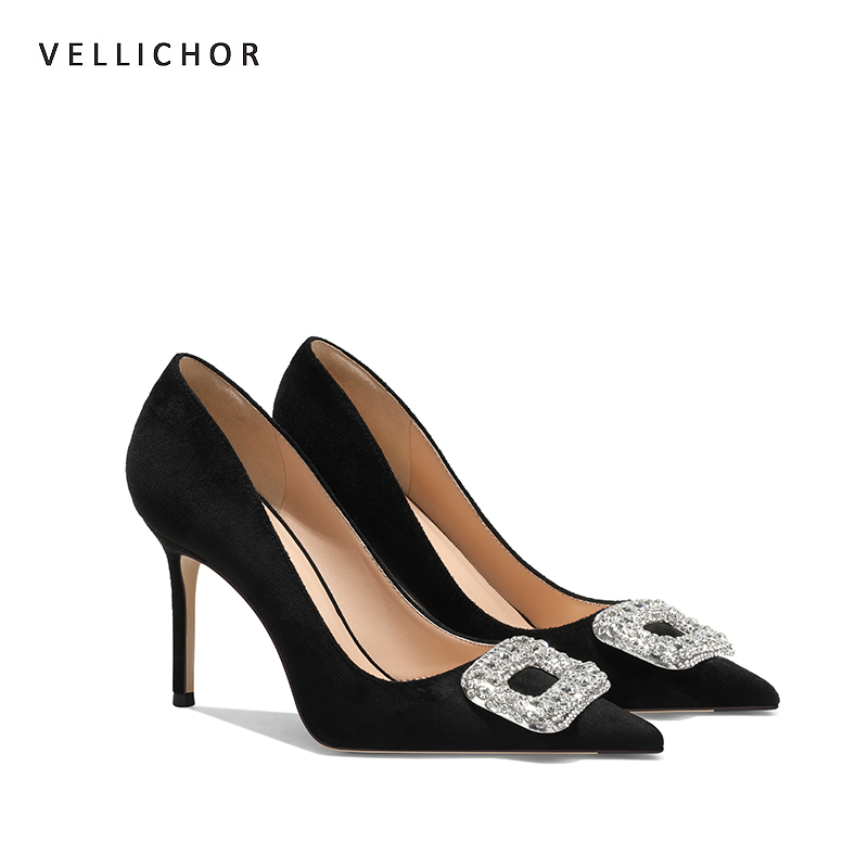 黑色高跟鞋方扣水钻小众轻奢不累脚尖头细跟气质单鞋时尚品牌女鞋