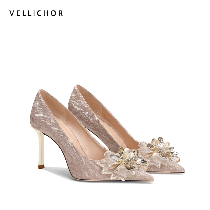 婚鞋香槟色尖头细跟高跟鞋女新娘鞋水钻水晶秀禾婚纱两穿品牌女鞋