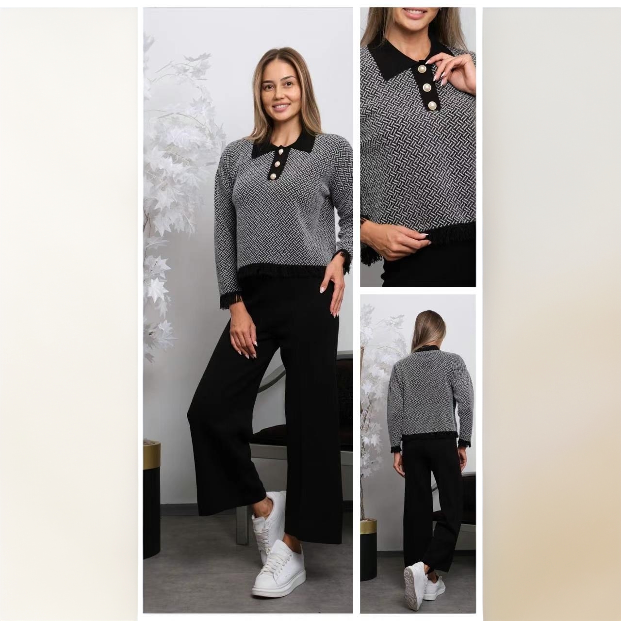 毛衣时尚休闲长袖条纹秋冬毛衣套装套头翻领