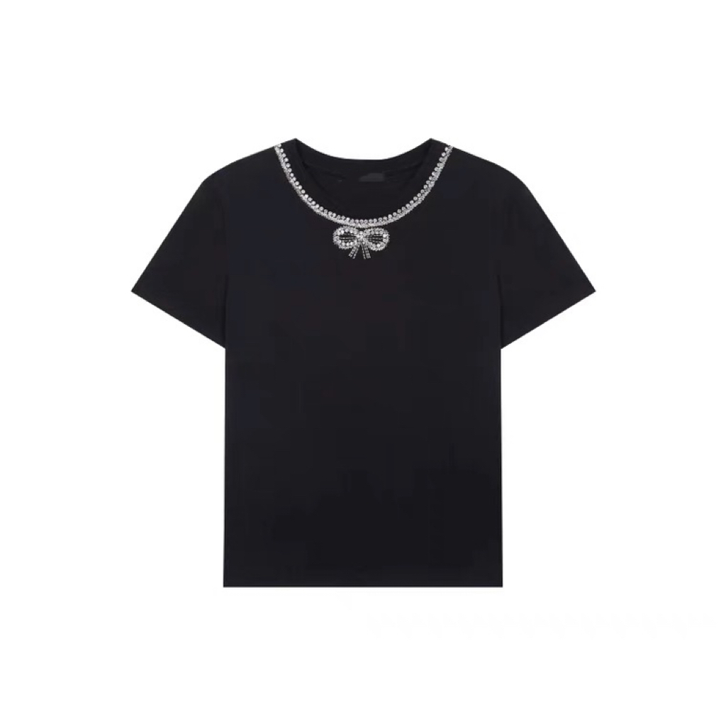 早春新款纯手工缝制亚克力水钻蝴蝶结T02夏季时尚黑色纯棉圆领T恤