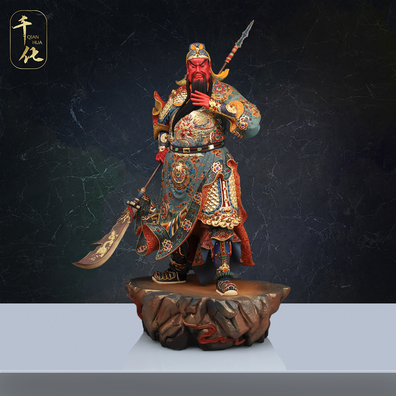 千化黄铜彩绘关公九龙关二爷铜摆件武财神关羽家居摆件工艺摆件铜