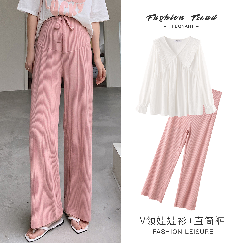 米度丽孕妇套装春秋款气质木耳边上衣夏季托腹孕妇裤50145+60456