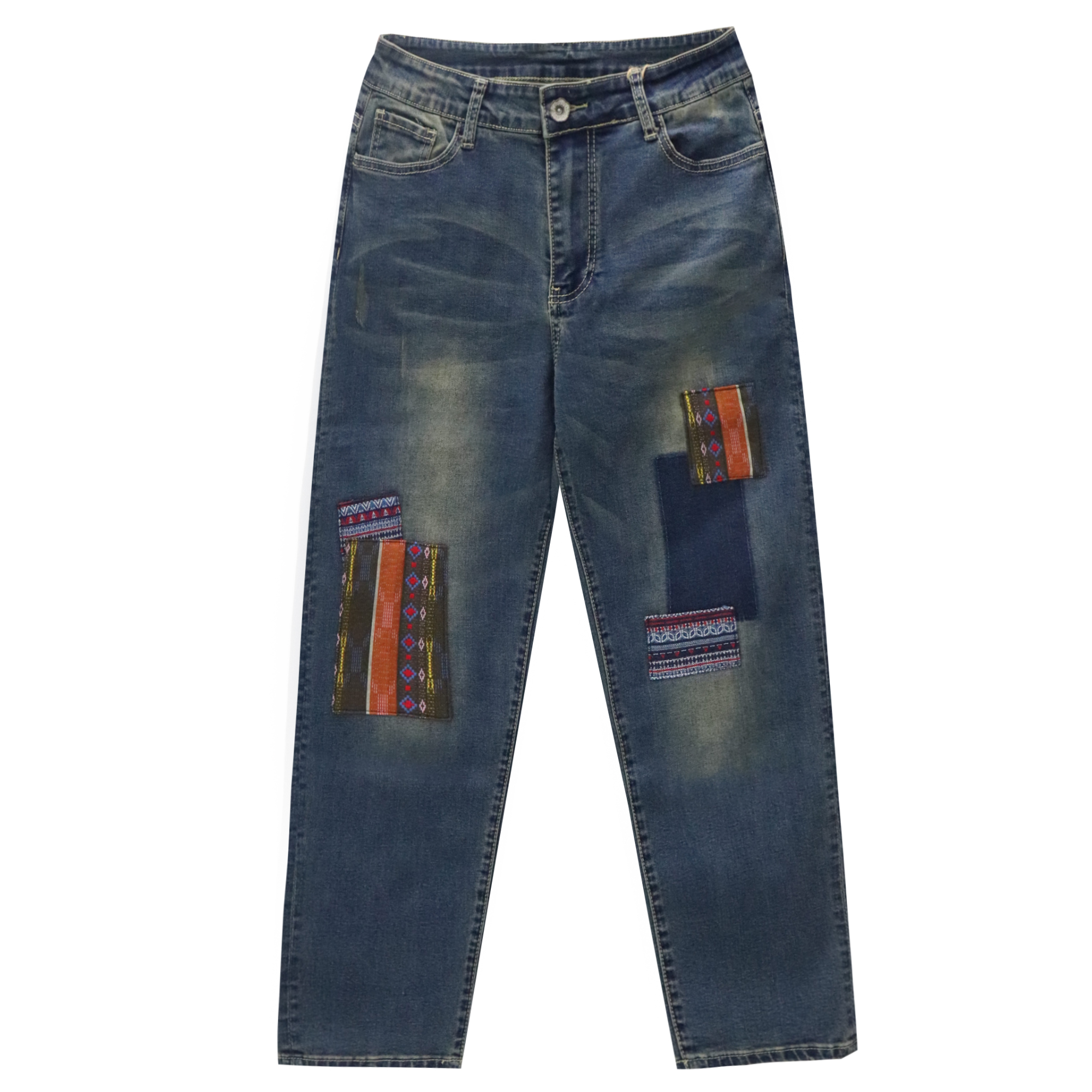 2025新款深蓝贴布胖mm大码百搭复古做旧显瘦遮肉牛仔裤女 9038