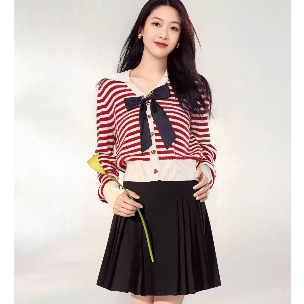 duoyi/朵以朵以2024秋新品女蝴蝶结条纹开衫上衣外套38DQ531096