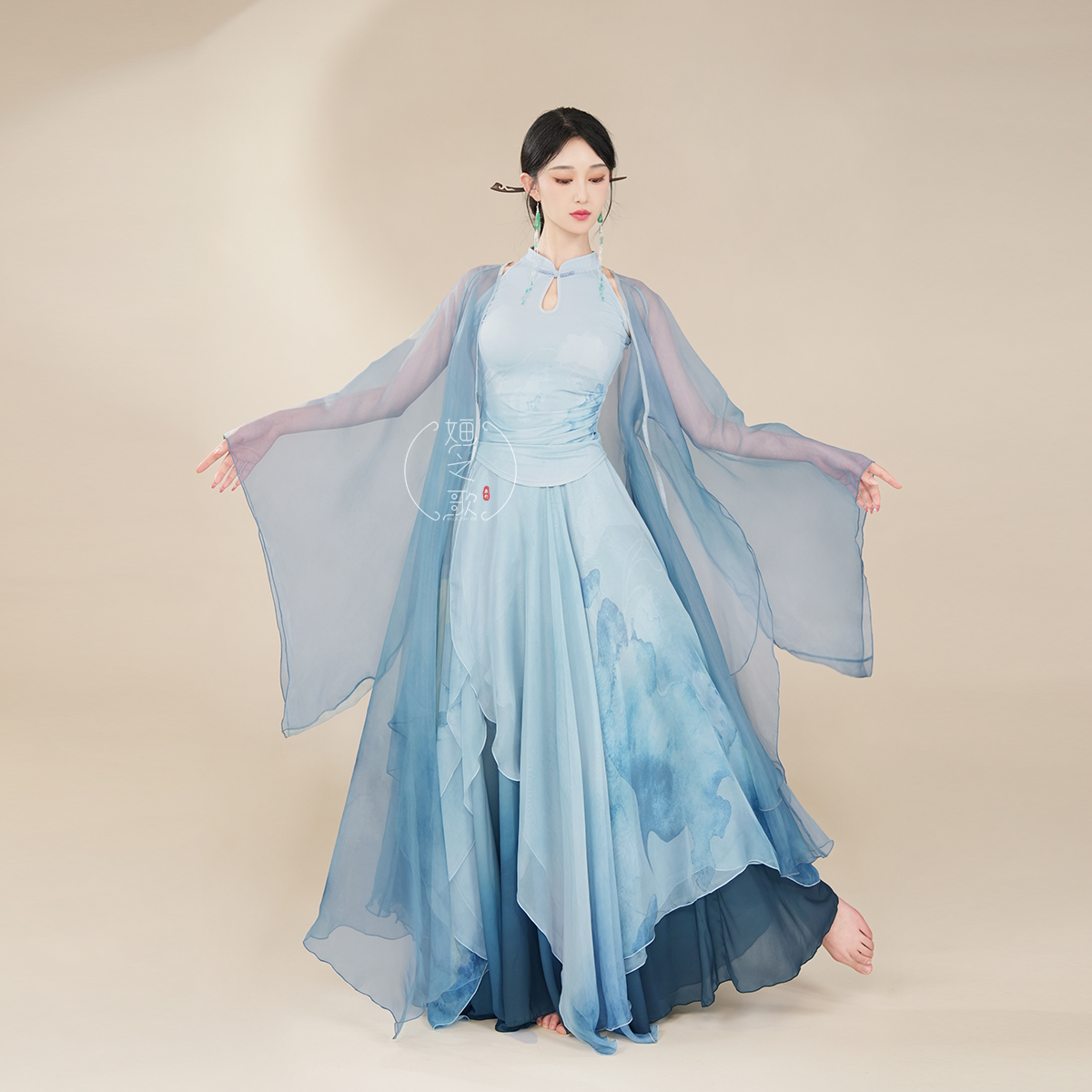 露清荷婳之歌韩婳水墨晕染刺绣荷花仙气飘逸大袖衫古典舞服大摆裙