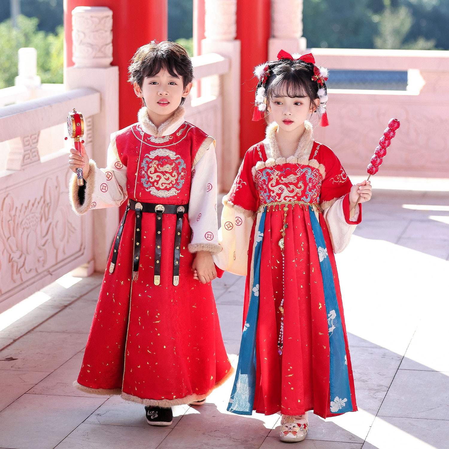 汉服男女童秋冬款古风女孩连衣裙唐装年服加厚古装新年儿童拜年服