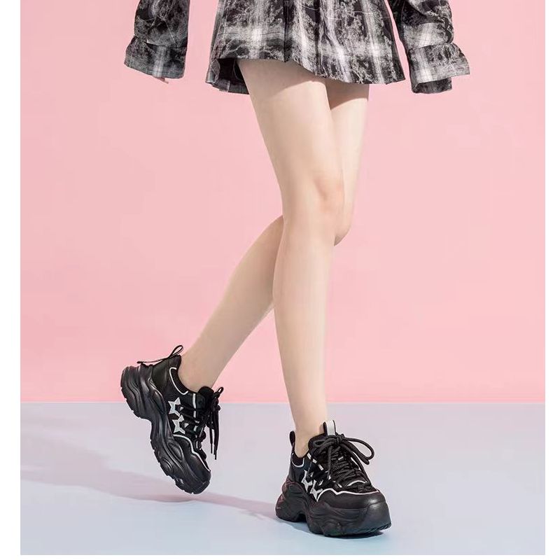 CL7299  黑银色   春夏季时尚软底百搭圆头浅口系带女休闲老爹鞋