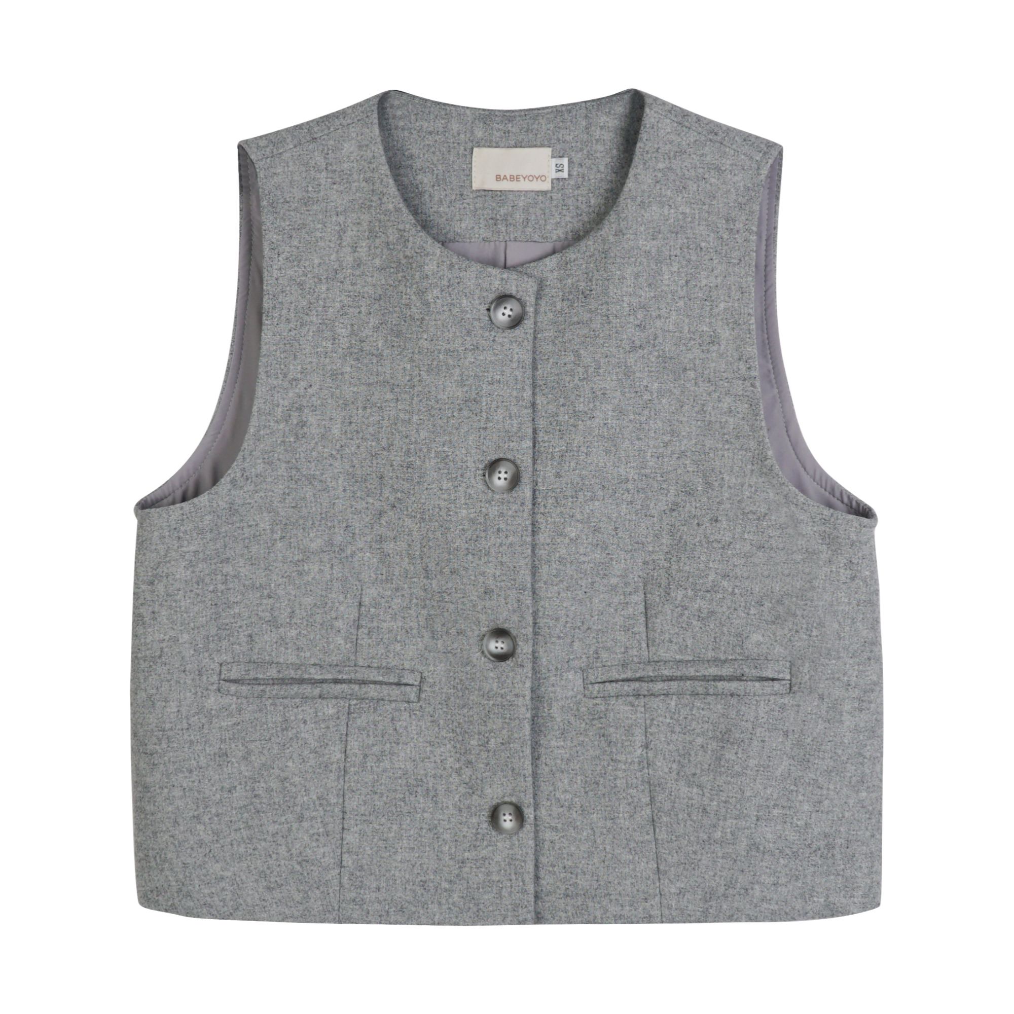 YO定制秋季复古百搭圆领无袖羊毛马甲小个子简约毛呢叠穿上衣