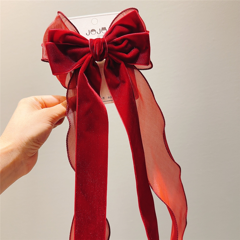 A296儿童发饰酒红色大蝴蝶结飘带发夹女童新年头饰女孩后脑勺发卡