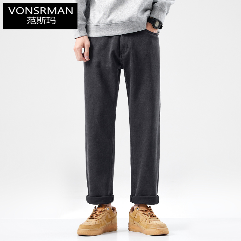 时尚墨灰加绒直筒牛仔裤男秋季新款复古水洗做旧保暖微锥长裤子