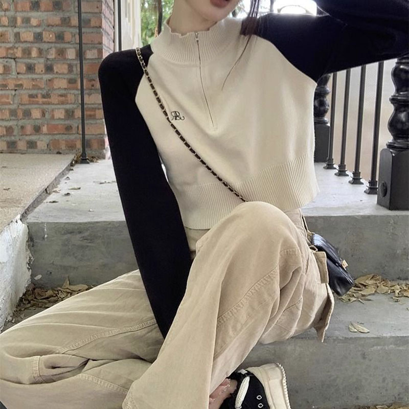 秋冬新款设计感撞色拼接半高领拉链套头毛衣女小个子针织衫