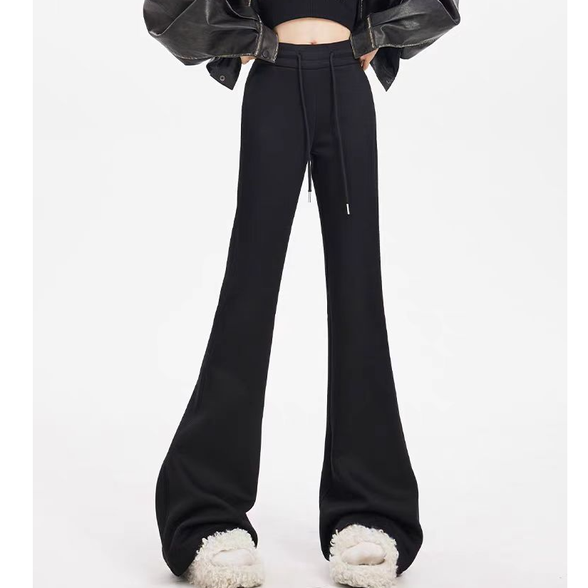 「e*g喇叭裤」韩原单！高腰抽绳百搭时尚修身显瘦设计感加绒喇叭裤