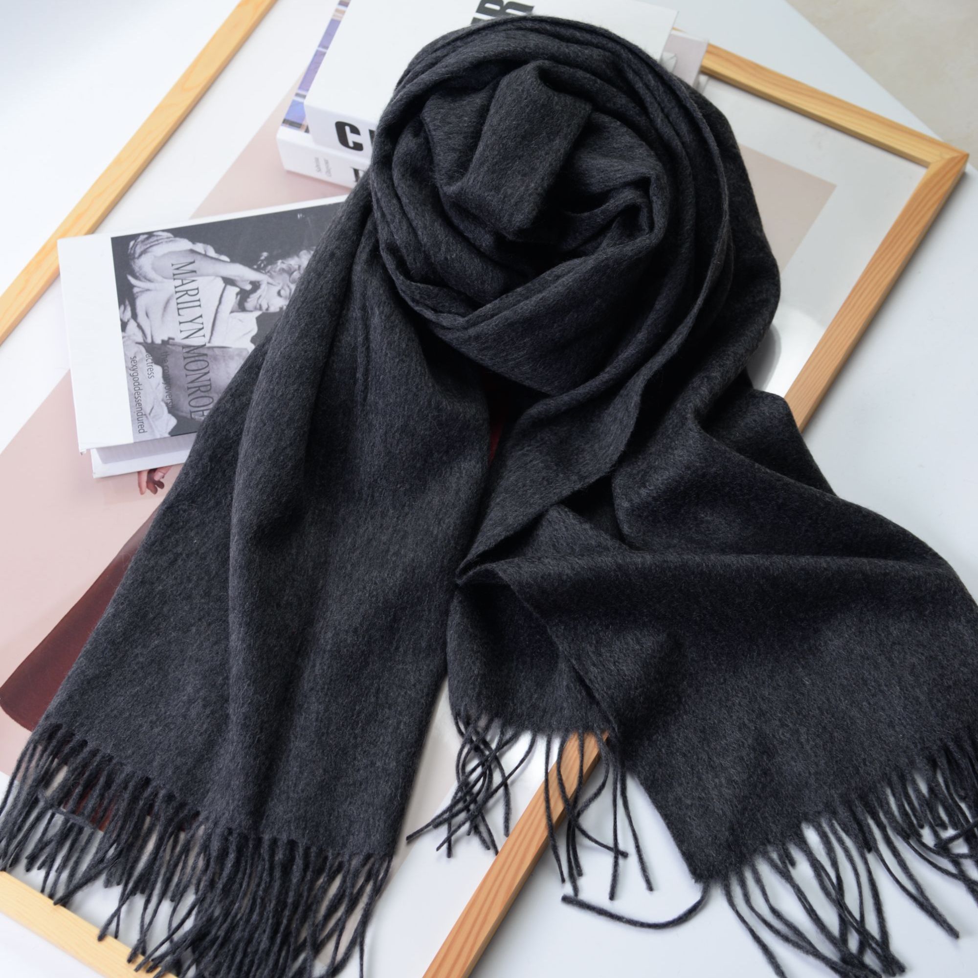 秋冬季女士羊绒围巾披肩流苏纯色款素色百搭保暖羊绒披肩经典