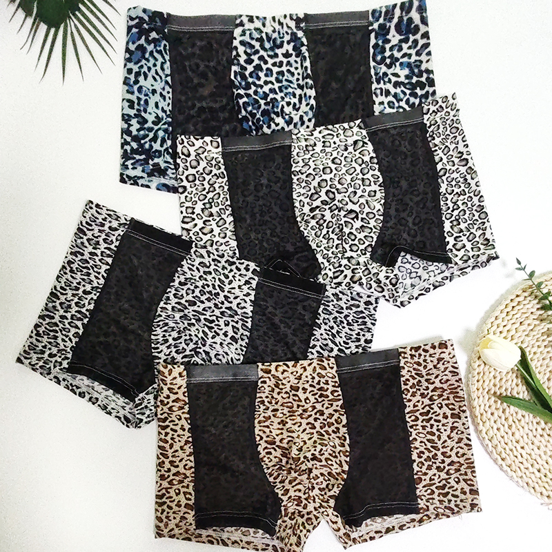 男士平角裤豹纹网纱拼接时尚透气潮流休闲百搭青年学生男士四角裤