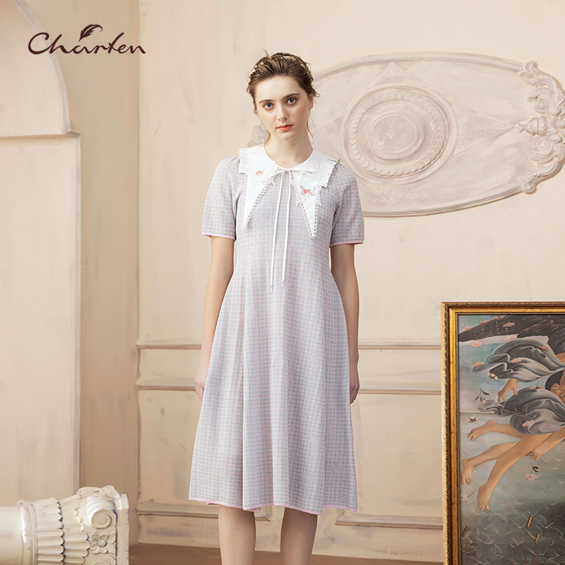 CHARFEN朝峰夏季小清新格子短袖连衣裙CFD2E127-1066C