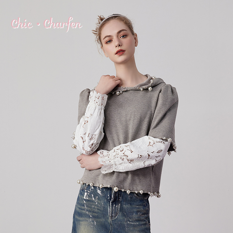 CHARFEN朝峰秋季新款街头复古兜帽拼接针织衫卫衣CFE3B558-5079B