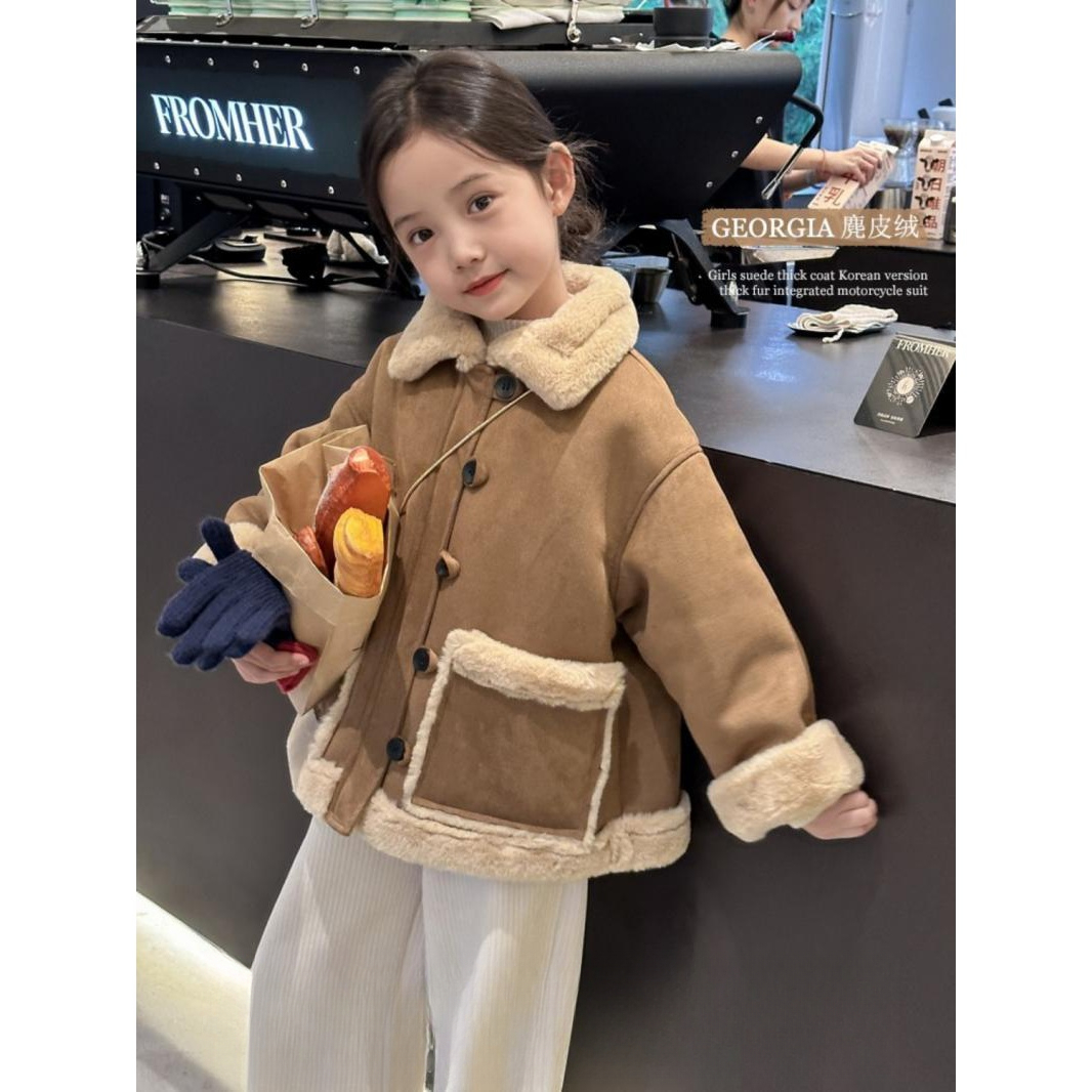 儿童毛绒洋气外套冬日美拉德女童加绒外套保暖时尚保暖机车服翻领
